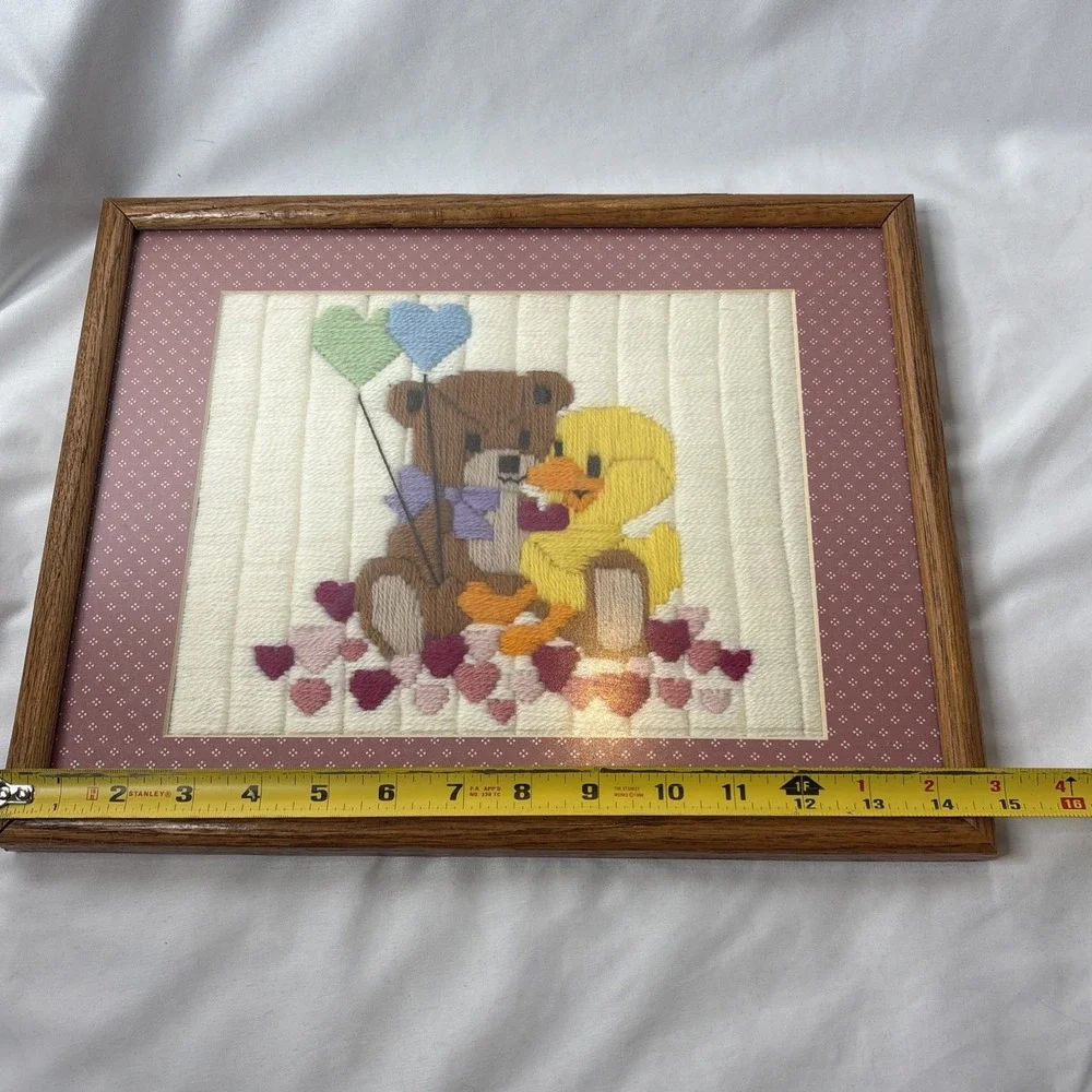 Vtg Crewel Embroidery Creative Circles Little Buddies Bear Duck Framed‎ Picture